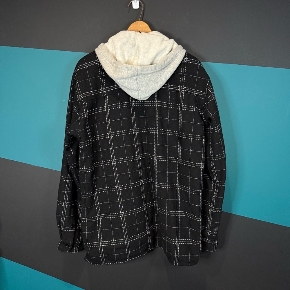 Stussy Black and White Plaid Quilted Lined Hooded Shirt Jacket Wool Cotton sz L - Picture 5 of 10